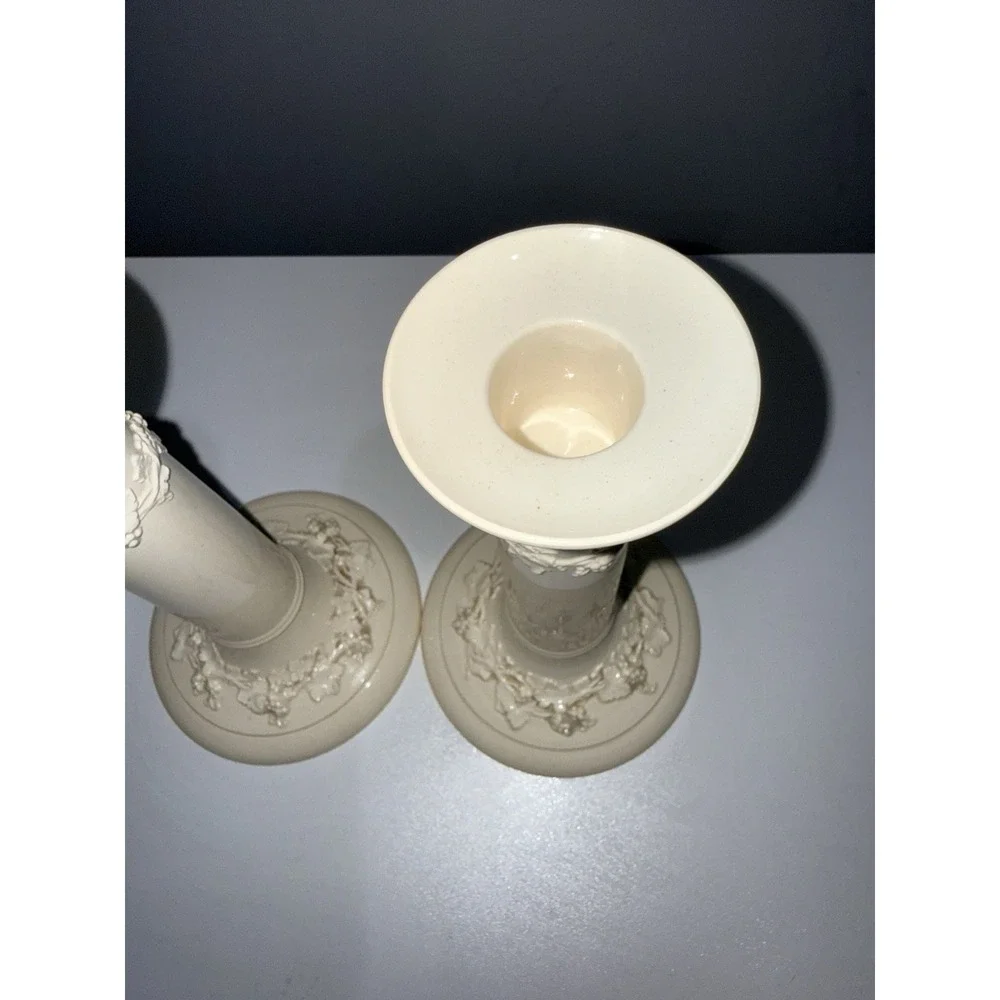 Wedgwood Embossed Queensware PAIR of 8 1/4 in. candlesticks cream‎ on cream